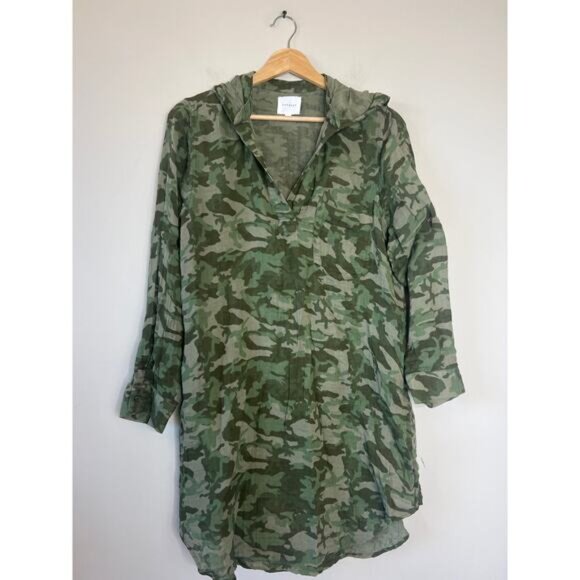 NEW Sundays Lucia Camouflage Gauze V Neck Hoodie Dress Green Size: 1 - Picture 2 of 7